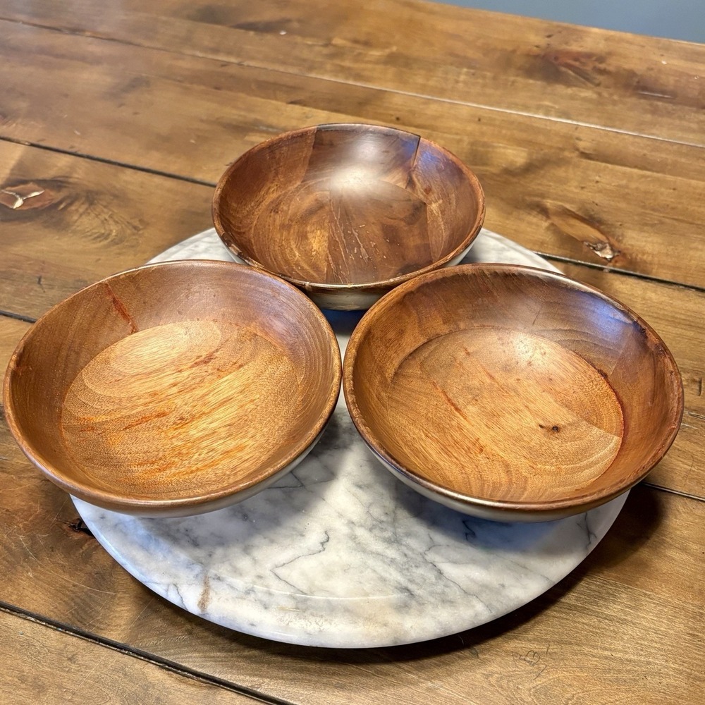 3pc VTG 1960s‎ MCM Handmade Dark Wood Wooden 6" Bowls Rice Salad Fruit